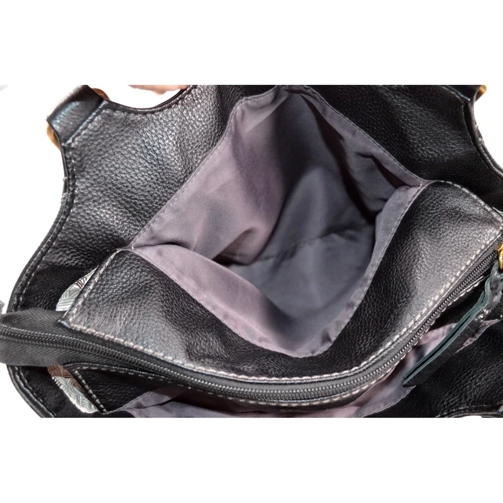 The Sak Black Pebbled Leather Hobo Shoulder Bag Zip Double Handle‎ 3 Section